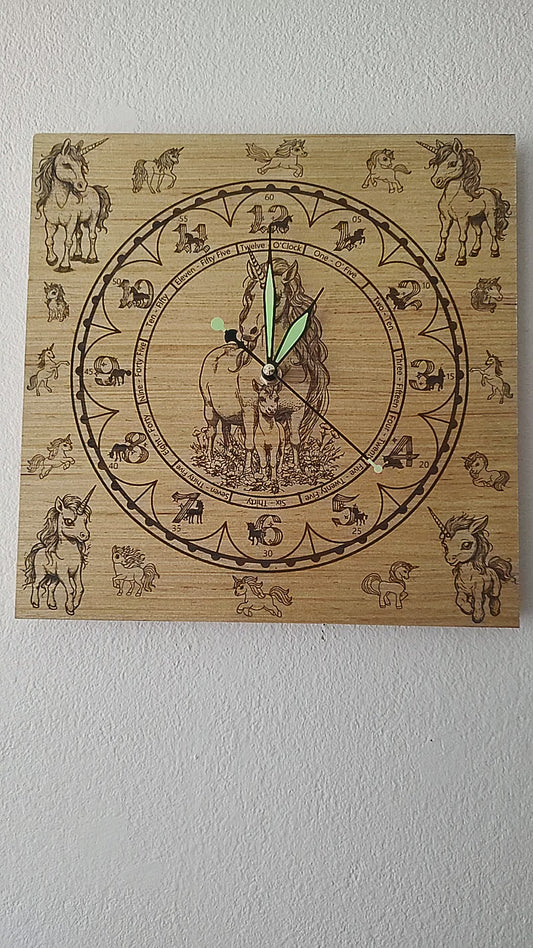 Hand Made Wood "Unicorn" , Laser Etched Mechanic Clocks 2 Sizes