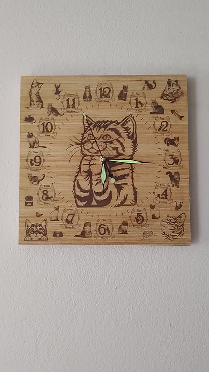 Hand Made Wood "Praying Cat" , Laser Etched Mechanic Clock, 12" x 12"