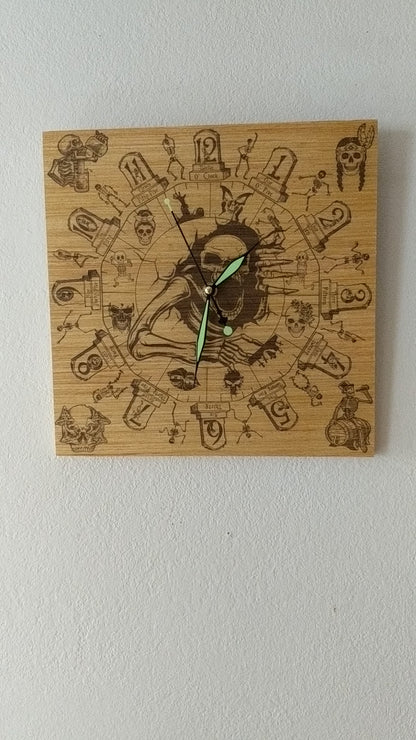 Hand Made Wood "Skeleton" , Laser Etched Mechanic Clocks 2 Sizes