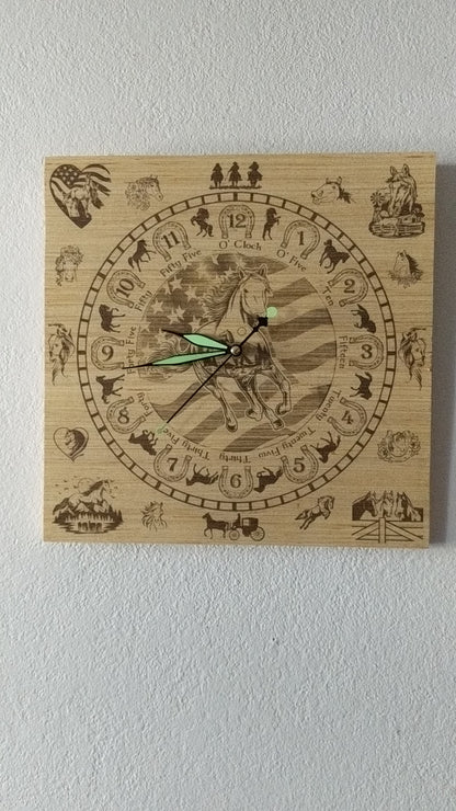 Hand Made Wood "Horse" , Laser Etched Mechanic Clocks 2 Sizes