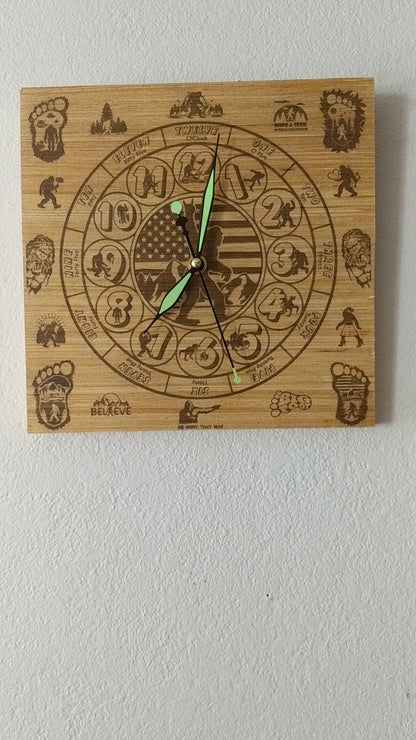 Hand Made Wood "Sasquatch w Words" , Laser Etched Mechanic Clocks 2 Sizes