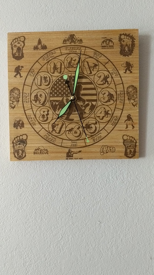Hand Made Wood "Sasquatch w Words" , Laser Etched Mechanic Clocks 2 Sizes