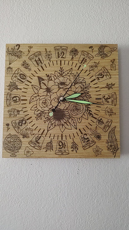 Hand Made Wood "Flower" , Laser Etched Mechanic Clocks 2 Sizes