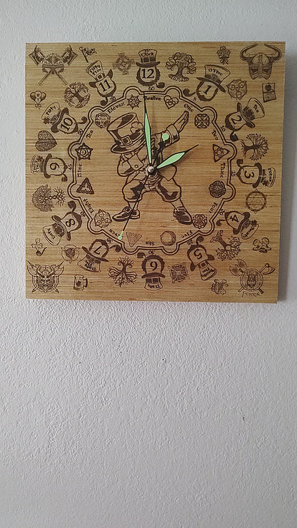 Hand Made Wood "Irish Dab" , Laser Etched Mechanic Clocks 2 Sizes