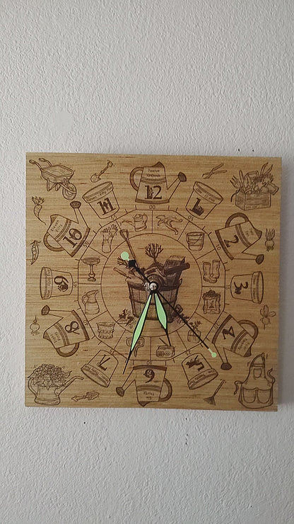 Hand Made Wood "Garden" , Laser Etched Mechanic Clocks 2 Sizes