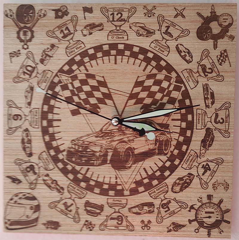 Hand Made Wood "Race Car , Laser Etched Mechanic Clocks 2 Sizes