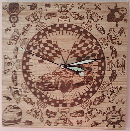 Hand Made Wood "Race Car , Laser Etched Mechanic Clocks 2 Sizes
