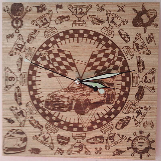 Hand Made Wood "Race Car , Laser Etched Mechanic Clocks 2 Sizes