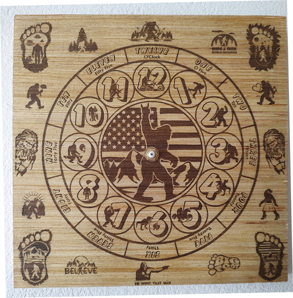 Hand Made Wood "Sasquatch w Words" , Laser Etched Mechanic Clocks 2 Sizes