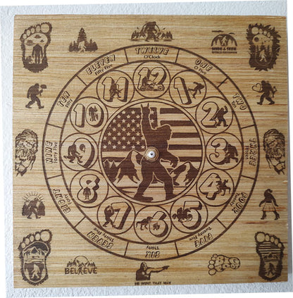 Hand Made Wood "Sasquatch w Words" , Laser Etched Mechanic Clocks 2 Sizes