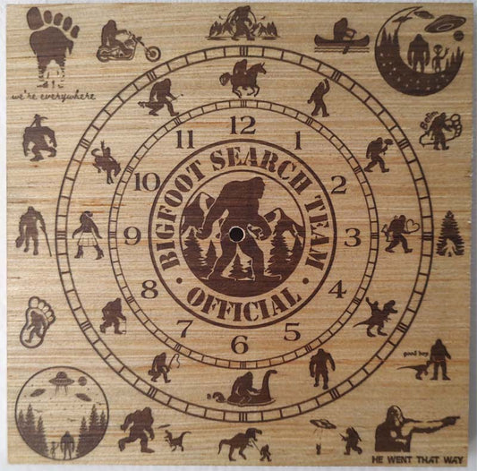 Hand Made Wood "Sasquatch 3" , Laser Etched Mechanic Clocks 2 Sizes