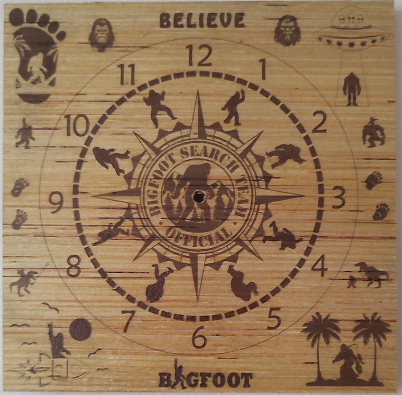 Hand Made Wood "Sasquatch 4" , Laser Etched Mechanic Clocks 2 Sizes
