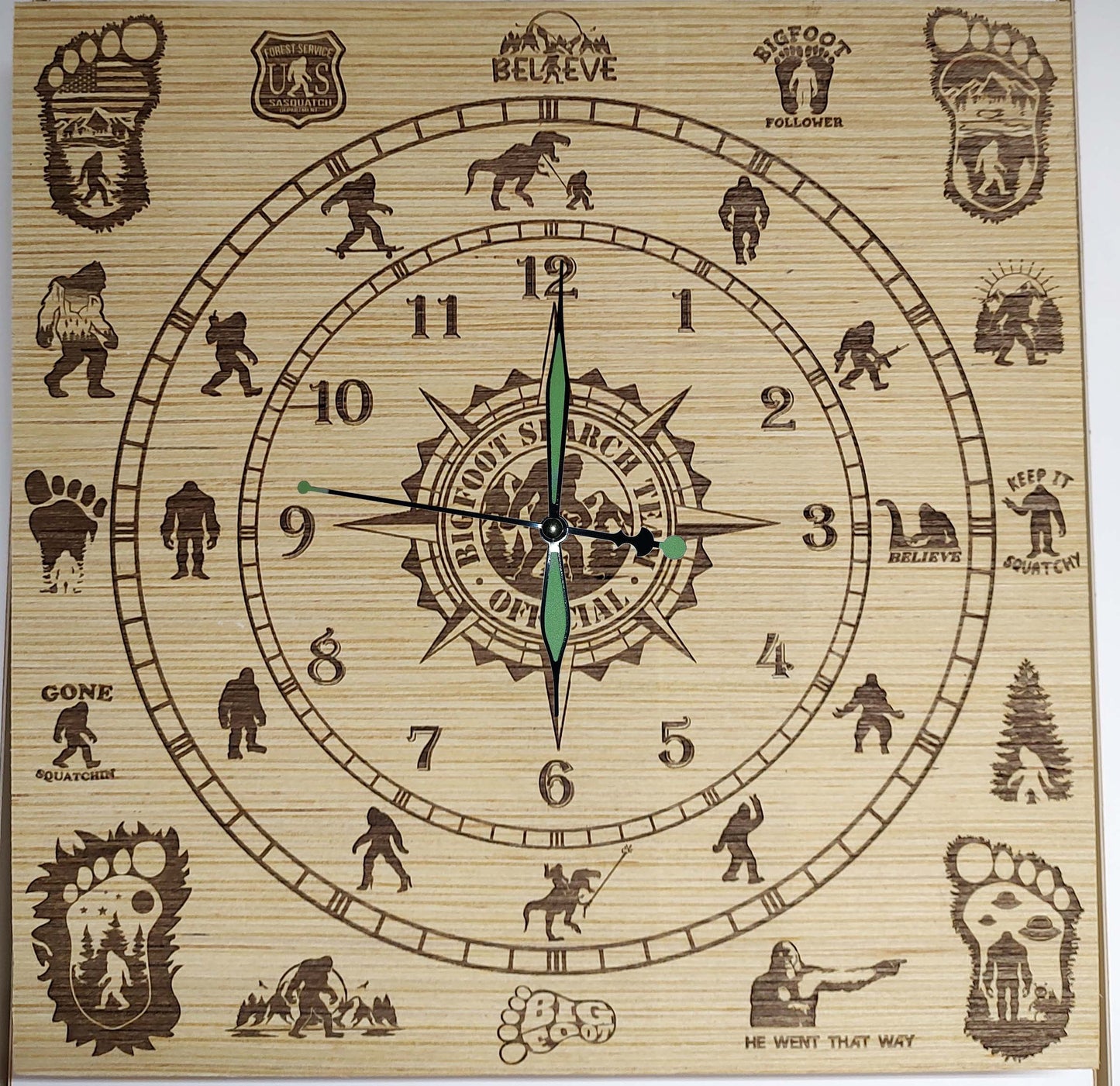 Hand Made Wood "Sasquatch 1" , Laser Etched Mechanic Clocks 2 Sizes