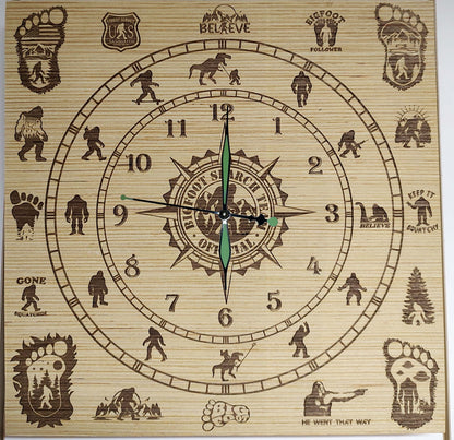 Hand Made Wood "Sasquatch 1" , Laser Etched Mechanic Clocks 2 Sizes