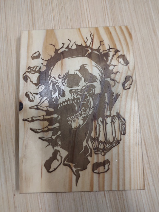 5" x 7" Pine Plaque Sign "Skull flipping bird"