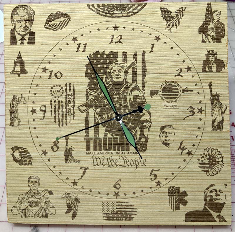 Hand Made Wood "Donald Trump" , Laser Etched Mechanic Clocks 2 Size