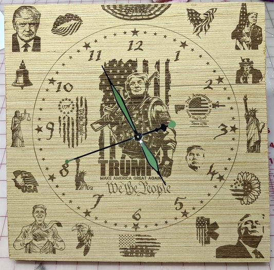 Hand Made Wood "Donald Trump" , Laser Etched Mechanic Clocks 2 Size