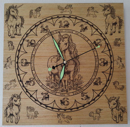Hand Made Wood "Unicorn" , Laser Etched Mechanic Clocks 2 Sizes
